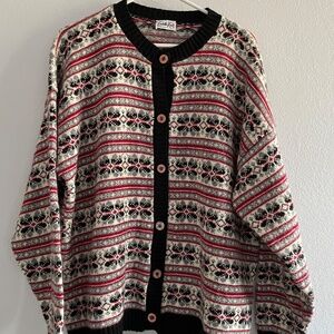 Vintage Cuddle Knit Fair Isle Women's Cardigan Sweater XL Black White Flowers